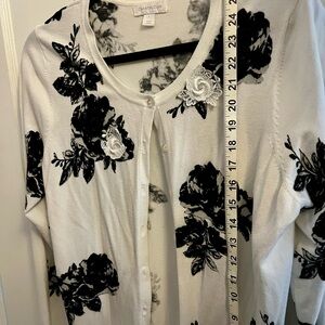 Charter Club White and Black Floral Embroidered Cardigan Sz L